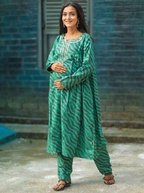 Green Self Woven Woolen Maternity Feeding Flared Kurta Set