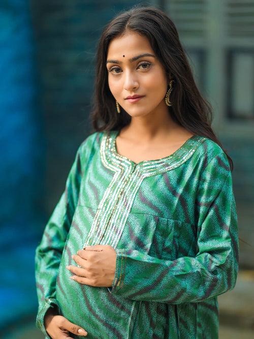 Green Self Woven Woolen Maternity Feeding Flared Kurta Set