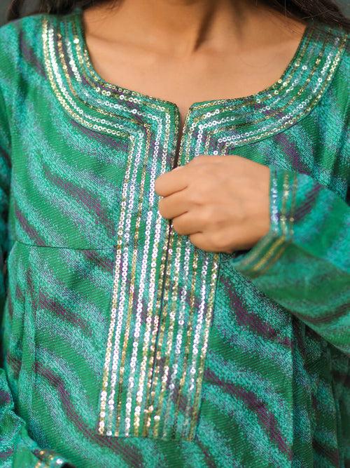 Green Self Woven Woolen Maternity Feeding Flared Kurta Set