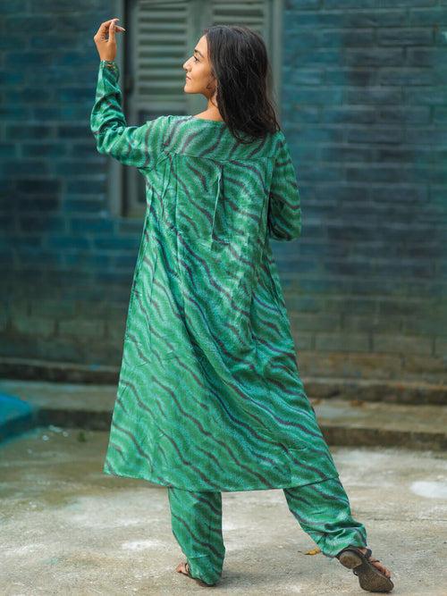 Green Self Woven Woolen Maternity Feeding Flared Kurta Set