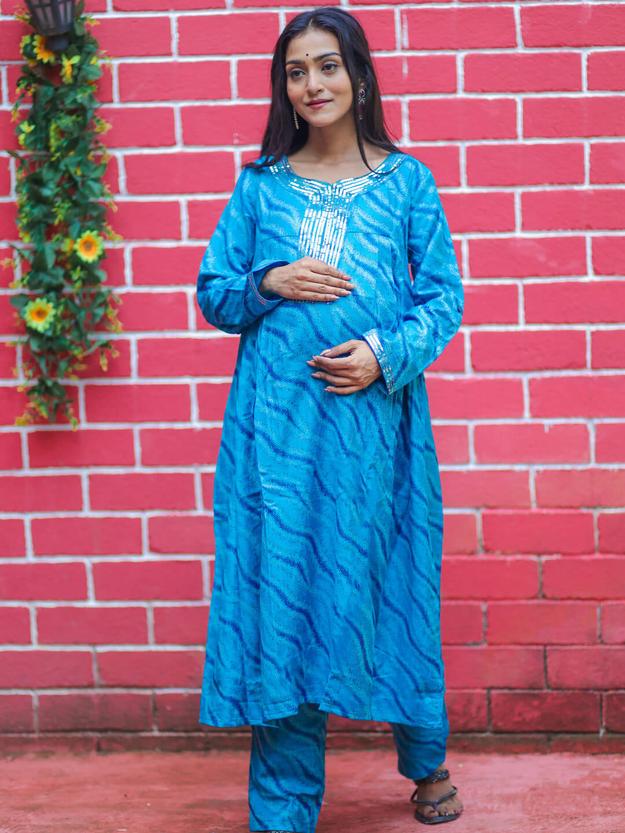 Turquoise Self Woven Woolen Maternity Feeding Flared Kurta Set