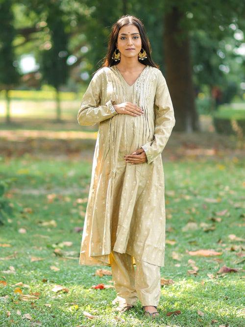 Beige Gold Woolen Zari Buti Maternity Feeding Flared Kurta Set