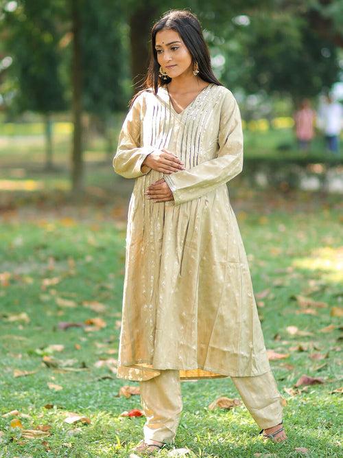 Beige Gold Woolen Zari Buti Maternity Feeding Flared Kurta Set