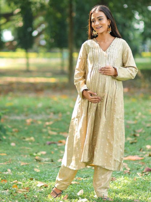 Beige Gold Woolen Zari Buti Maternity Feeding Flared Kurta Set