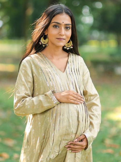 Beige Gold Woolen Zari Buti Maternity Feeding Flared Kurta Set