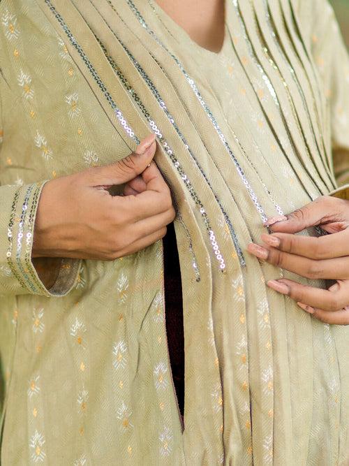 Beige Gold Woolen Zari Buti Maternity Feeding Flared Kurta Set