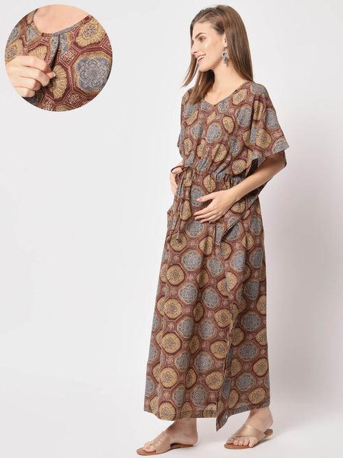 Brown Multi Cotton Printed Maternity Front Zipper Feeding Kaftan