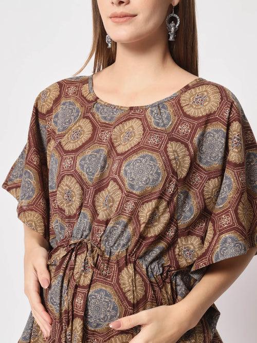 Brown Multi Cotton Printed Maternity Front Zipper Feeding Kaftan