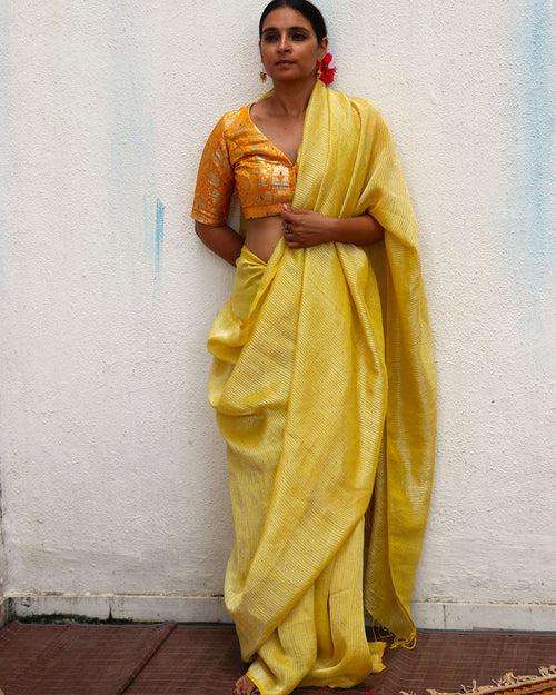 Amber Handwoven Linen Zari Saree - TOG