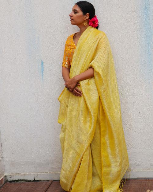 Amber Handwoven Linen Zari Saree - TOG