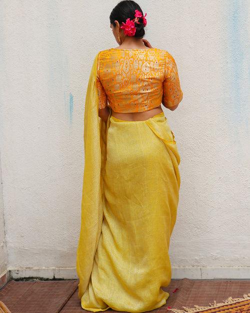 Amber Handwoven Linen Zari Saree - TOG