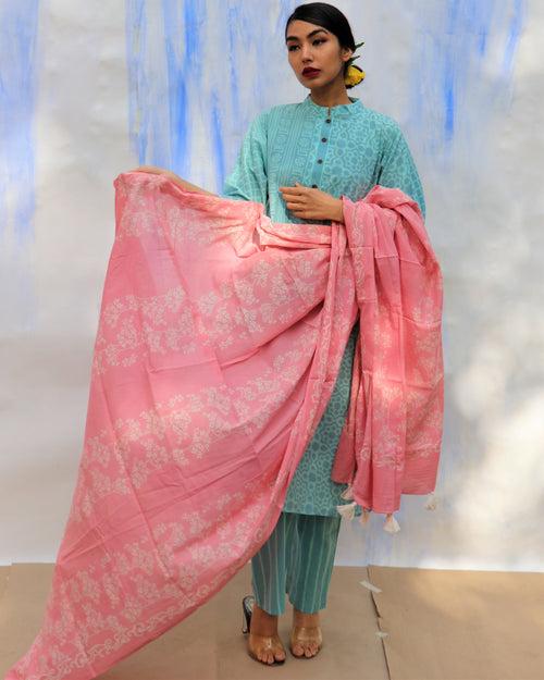 Pink Handprinted Pure Cotton Dupatta -Skd