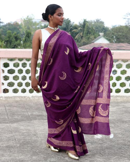 Purple Moon Handblock Printed Cotton Saree