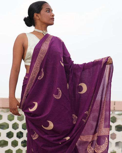 Purple Moon Handblock Printed Cotton Saree