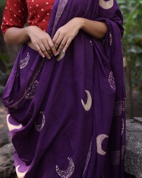 Purple Moon Handblock Printed Cotton Saree