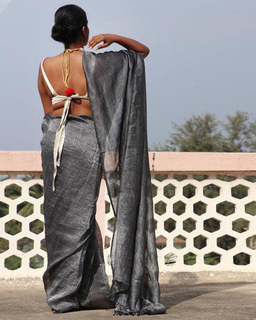 Grey Handwoven Linen Zari Saree - TOG