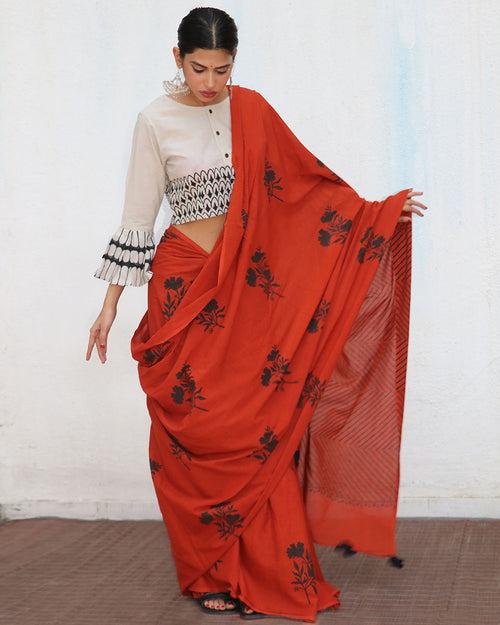 Acadia Blockprinted Cotton Saree - NOMAD