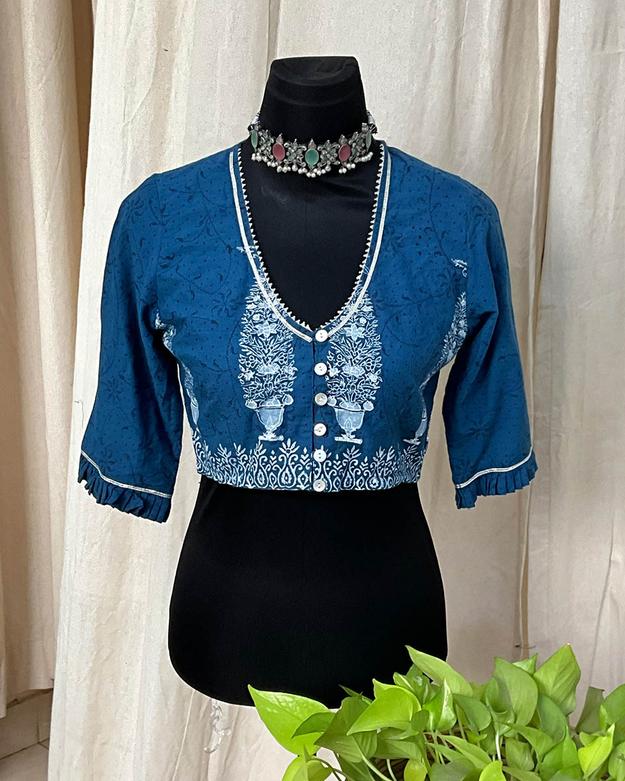 Blue HandBlock Printed Cotton Blouse - Love Despite