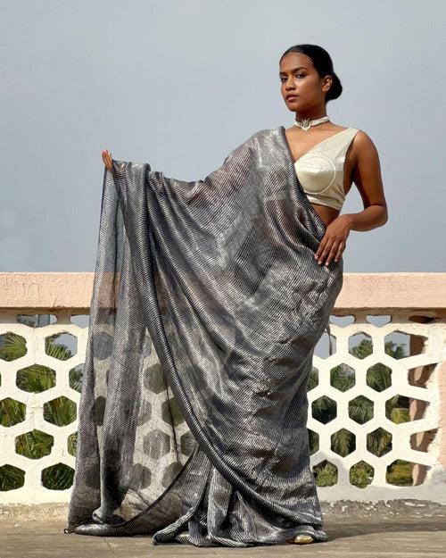 Grey Handwoven Linen Zari Saree - TOG