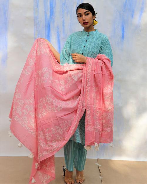 Pink Handprinted Pure Cotton Dupatta -Skd