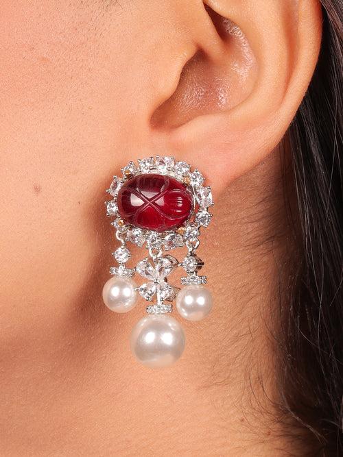 Ruby Red Diamante Pearls Dangling Earrings