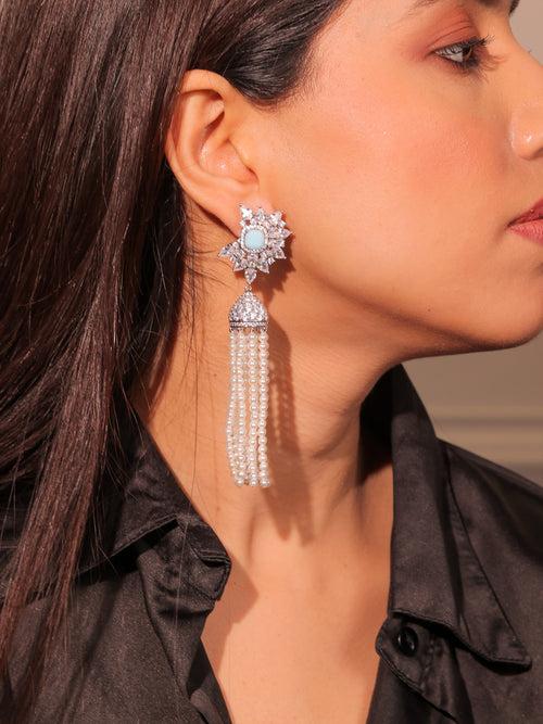 Majestic Diamante Light Blue Floral Dangler Earrings