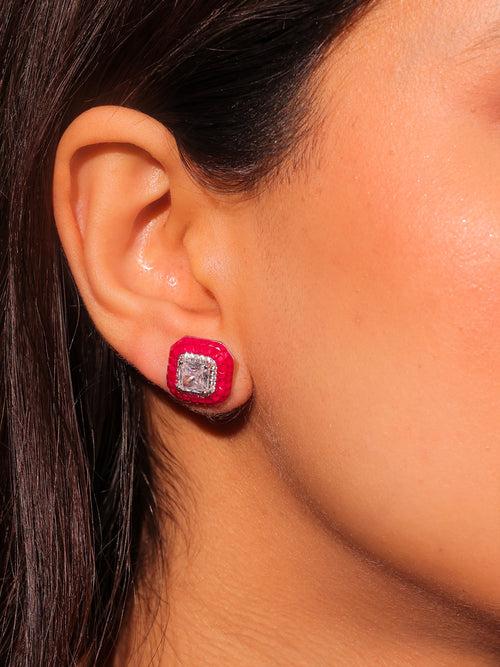 Diamante Red Square Earring Studs