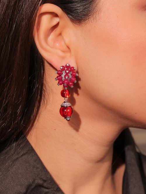 Diamante Ruby Red Flower Drop Earrings