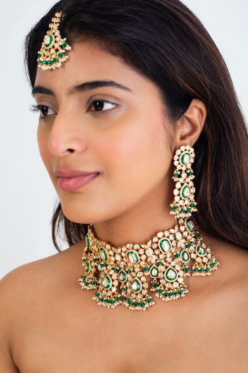 Golden Radiance Polki Choker Necklace with Maag Tika & Earrings