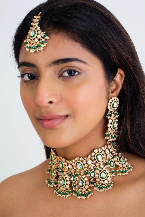 Golden Radiance Polki Choker Necklace with Maag Tika & Earrings