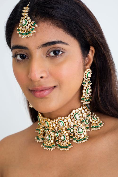 Golden Radiance Polki Choker Necklace with Maag Tika & Earrings