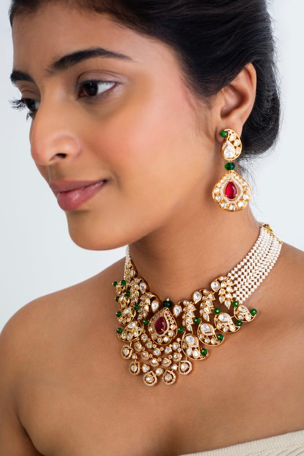 Triveni Ratna Polki Choker Necklace with Earrings