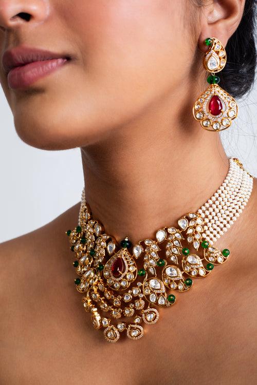 Triveni Ratna Polki Choker Necklace with Earrings