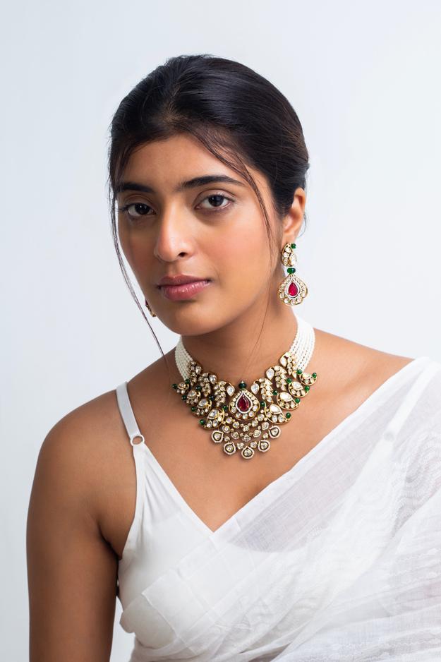 Harit Sindura Polki Choker Necklace with Earrings