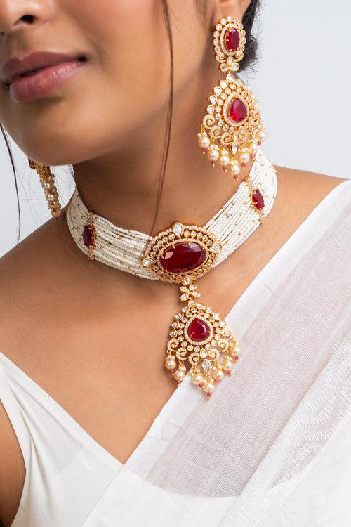 Raktamani Mala Polki Choker Necklace with Earrings