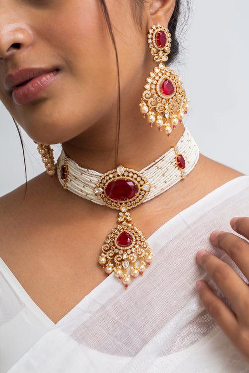 Raktamani Mala Polki Choker Necklace with Earrings