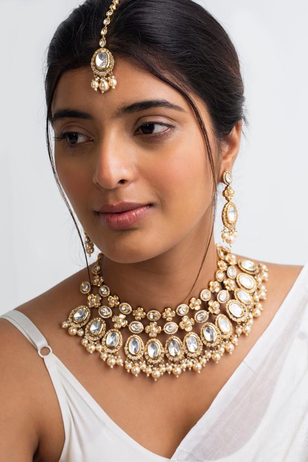 Shubhra Alankara Polki Choker Necklace with Maang Tika & Earrings