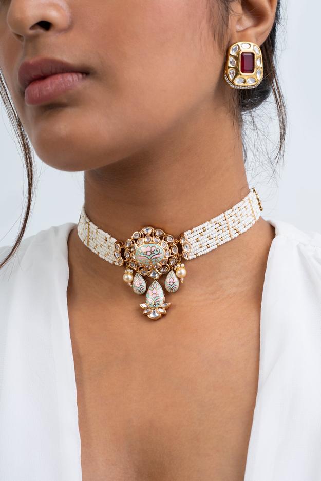 Rosevine Polki Choker Necklace with Earrings