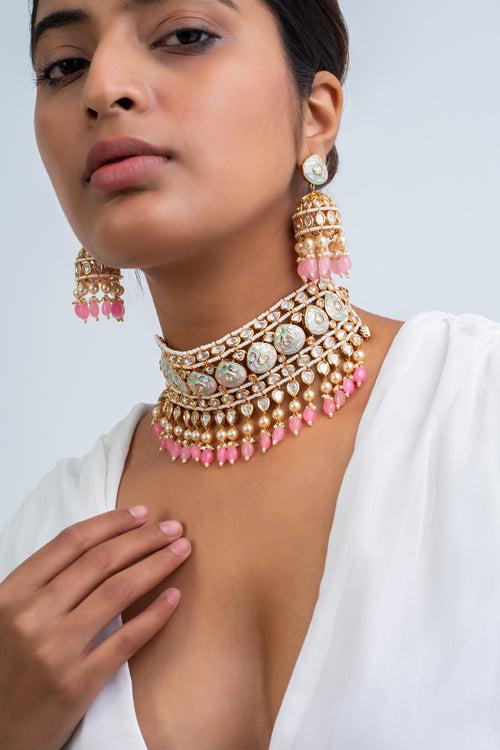 Gulratan Polki Choker Necklace with Earrings