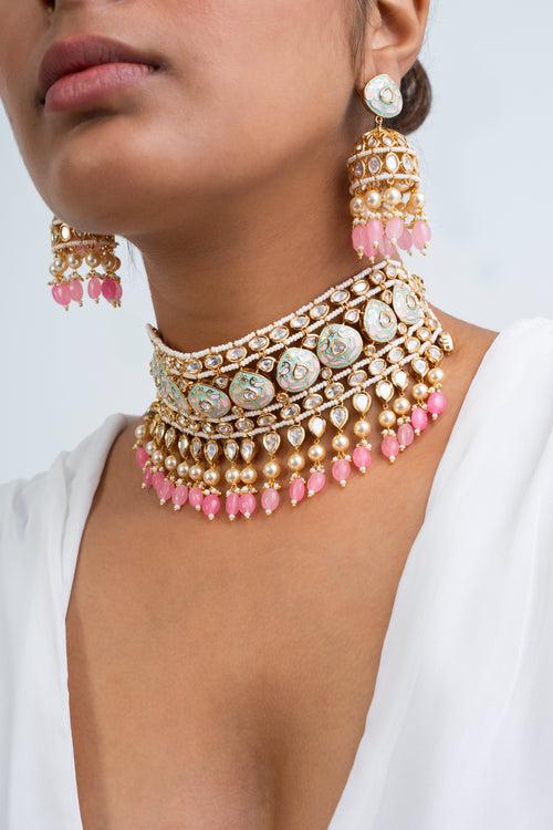 Gulratan Polki Choker Necklace with Earrings