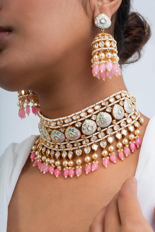 Gulratan Polki Choker Necklace with Earrings