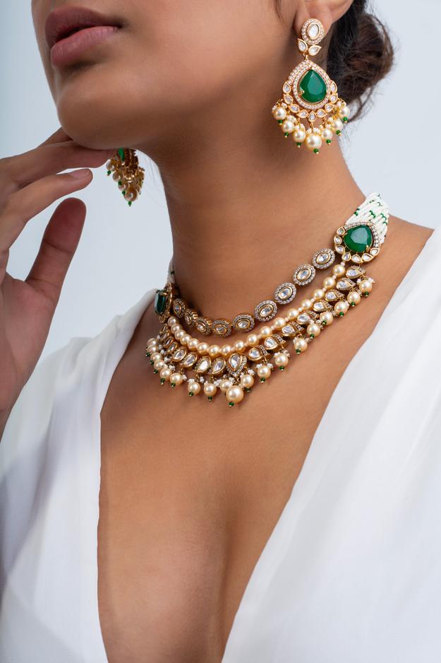 Pearl Ivy Polki Necklace with Earrings