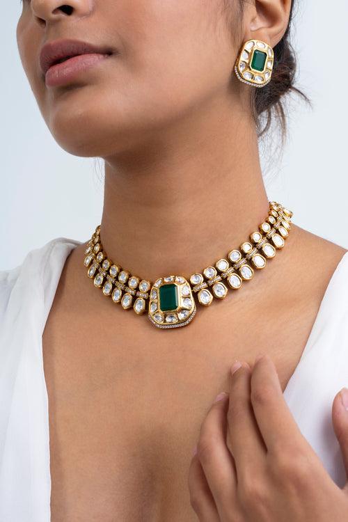 Emerald Lusture Polki Choker Necklace with Earrings