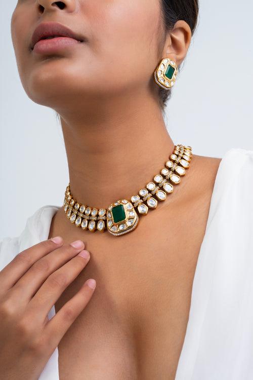 Emerald Lusture Polki Choker Necklace with Earrings