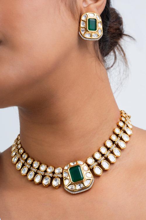 Emerald Lusture Polki Choker Necklace with Earrings