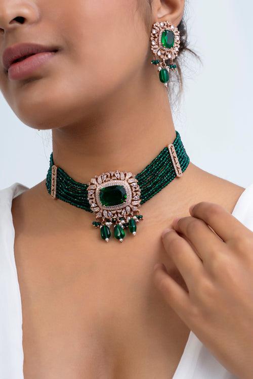 Vidhya Harit Polki Choker Necklace with Earrings