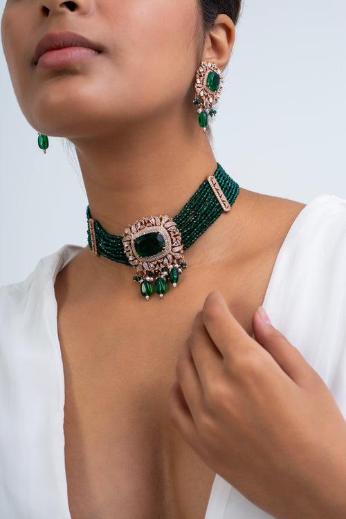 Vidhya Harit Polki Choker Necklace with Earrings