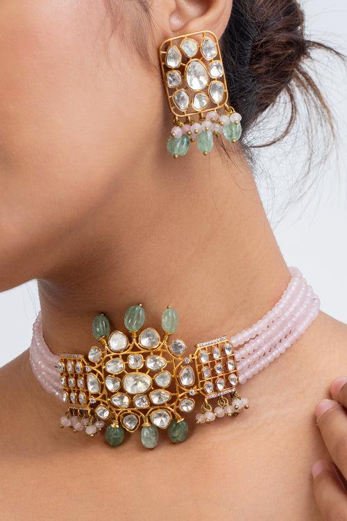 Suman Haar Polki Choker Necklace with Earrings