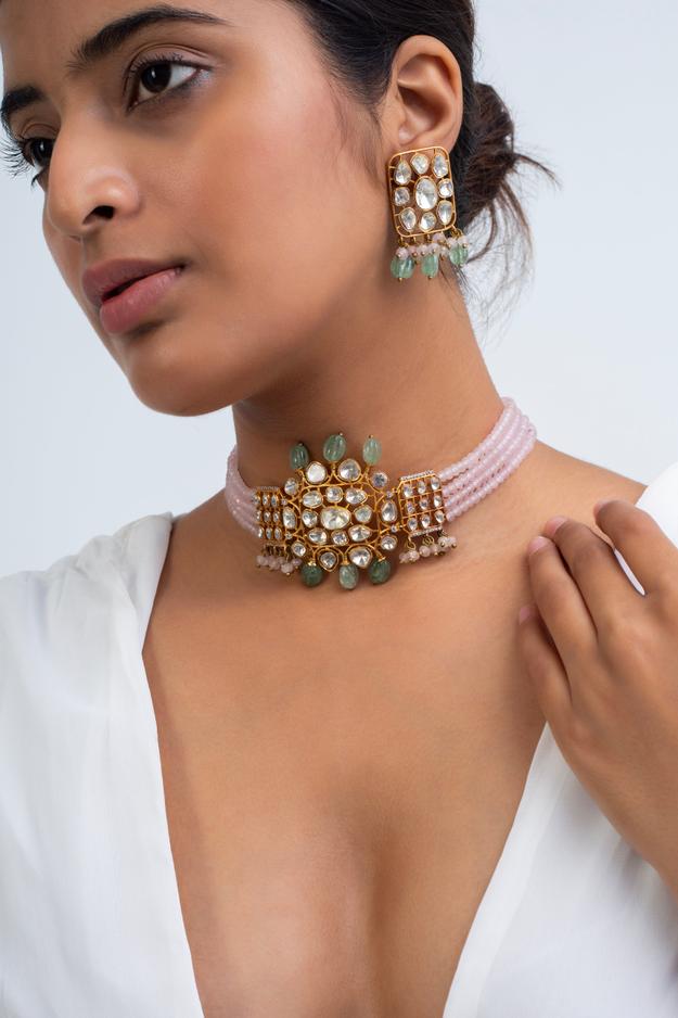 Suman Haar Polki Choker Necklace with Earrings