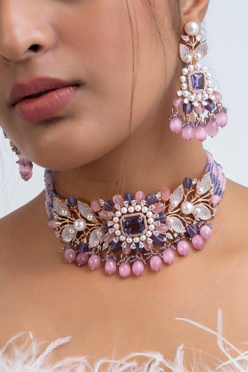 Lilac Bloom Polki Choker Necklace with Earrings